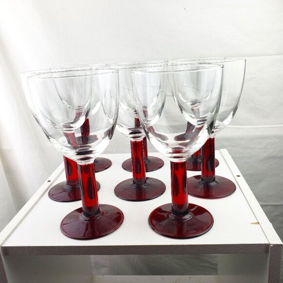 Vintage Ruby Red Stemmed Wine Goblet Glasses Set of 8